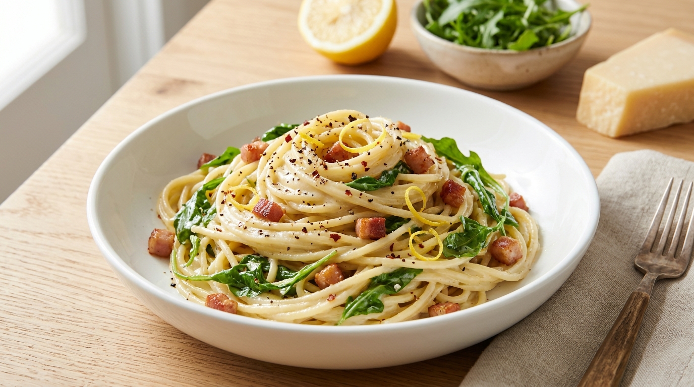 Lemony arugula cacio e pepe spaghetti with crispy pancetta