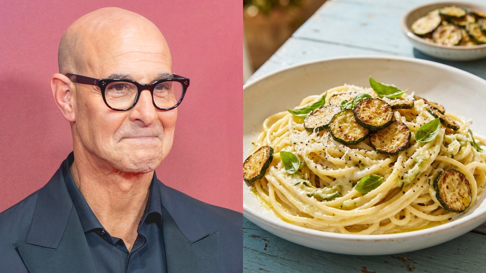 Stanley Tucci next to celebrity pasta favorite spaghetti alla Nerano with fried zucchini