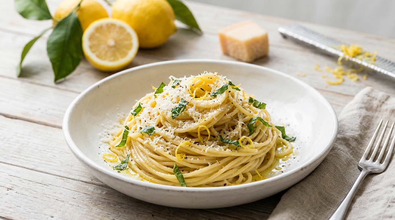 Lemon spaghetti with parmesan, lemon zest and fresh basil