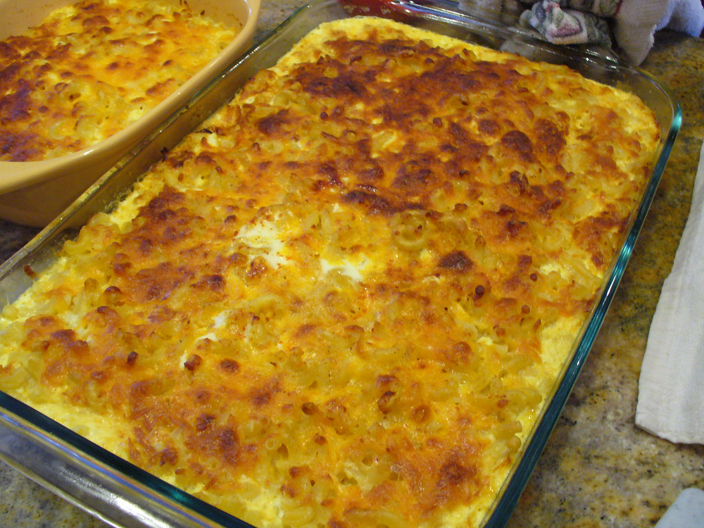 Baked macaroni and cheese with a golden cheesy top