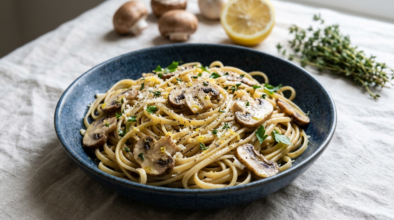 Mushroom linguine with lemon, garlic, thyme and parsley
