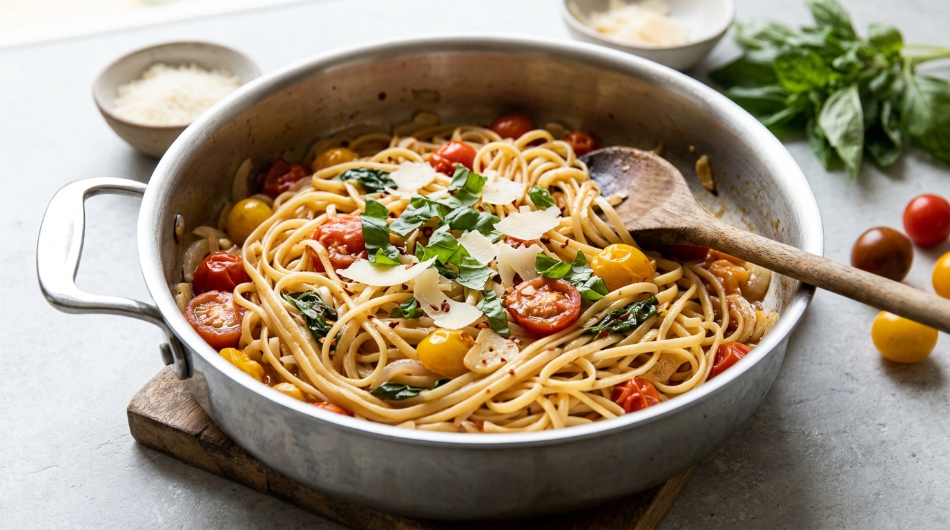 One pan pasta with linguine, cherry tomatoes and basil in a skillet