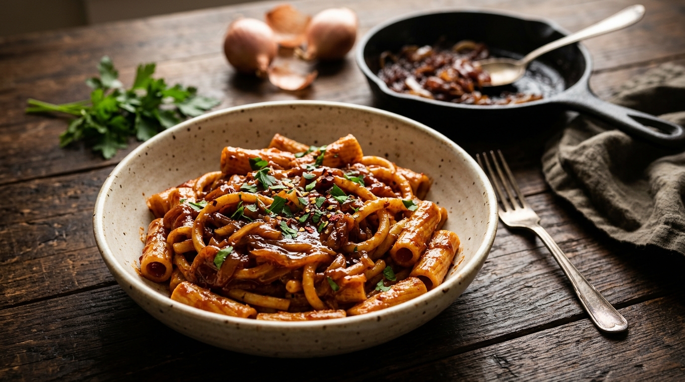 Caramelized shallot pasta in a jammy tomato sauce with parsley
