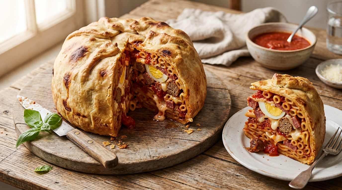 Baked timpano pasta drum sliced to show ziti, salami and eggs