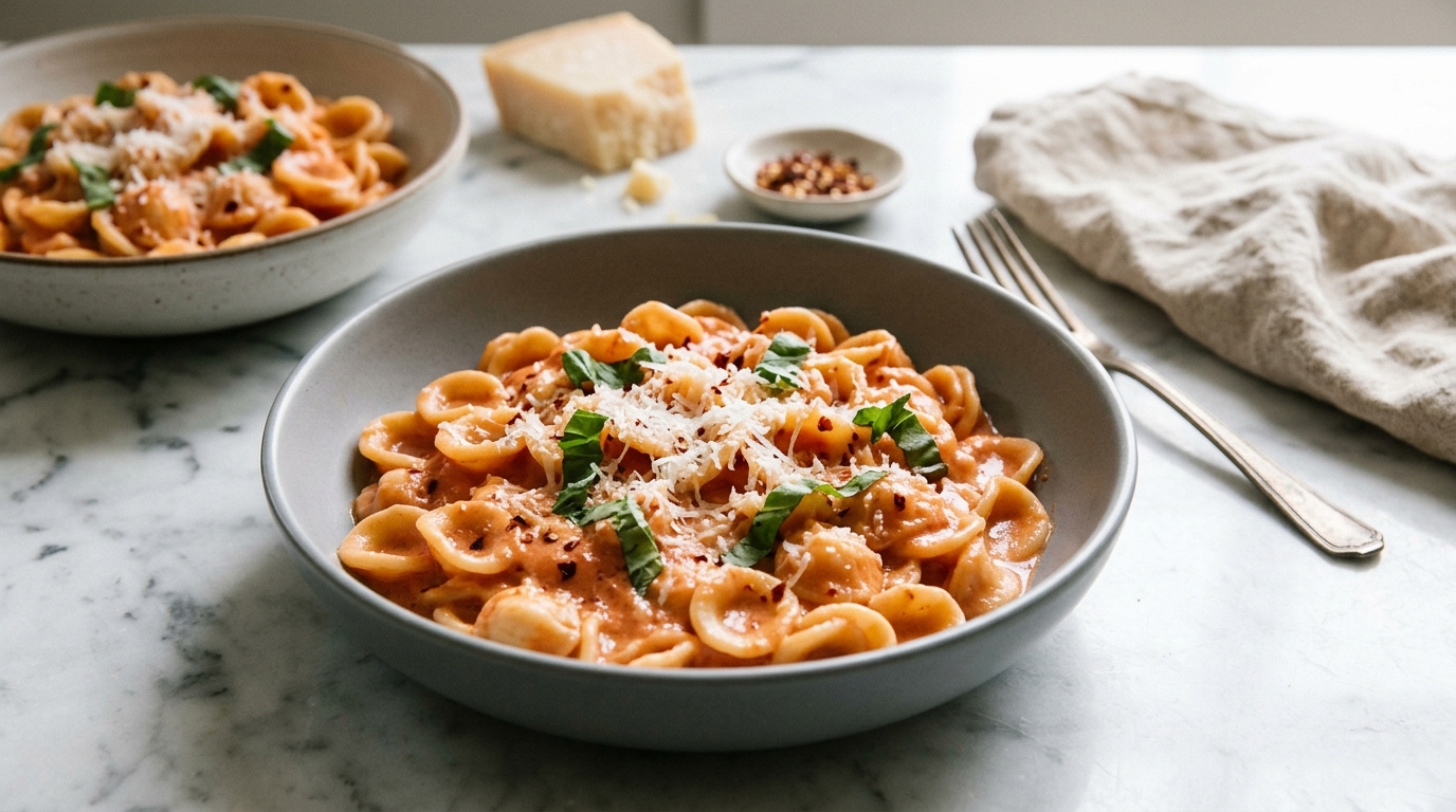Spicy vodka pasta with orecchiette in a pink tomato cream sauce