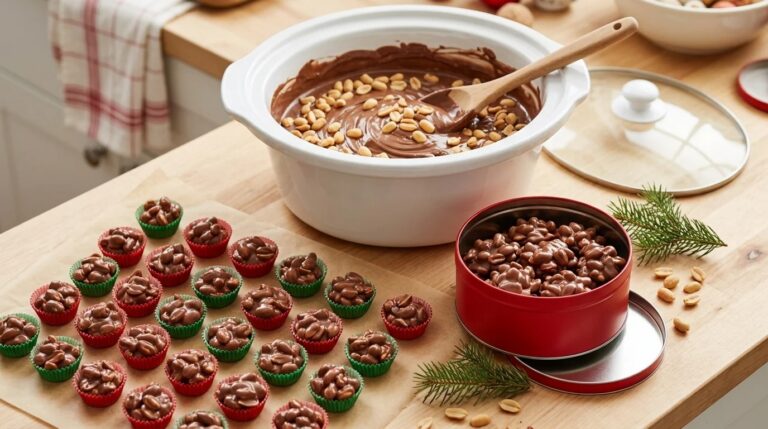 Crockpot Christmas candy: slow cooker of melted chocolate and peanuts with rows of peanut clusters and a red gift tin