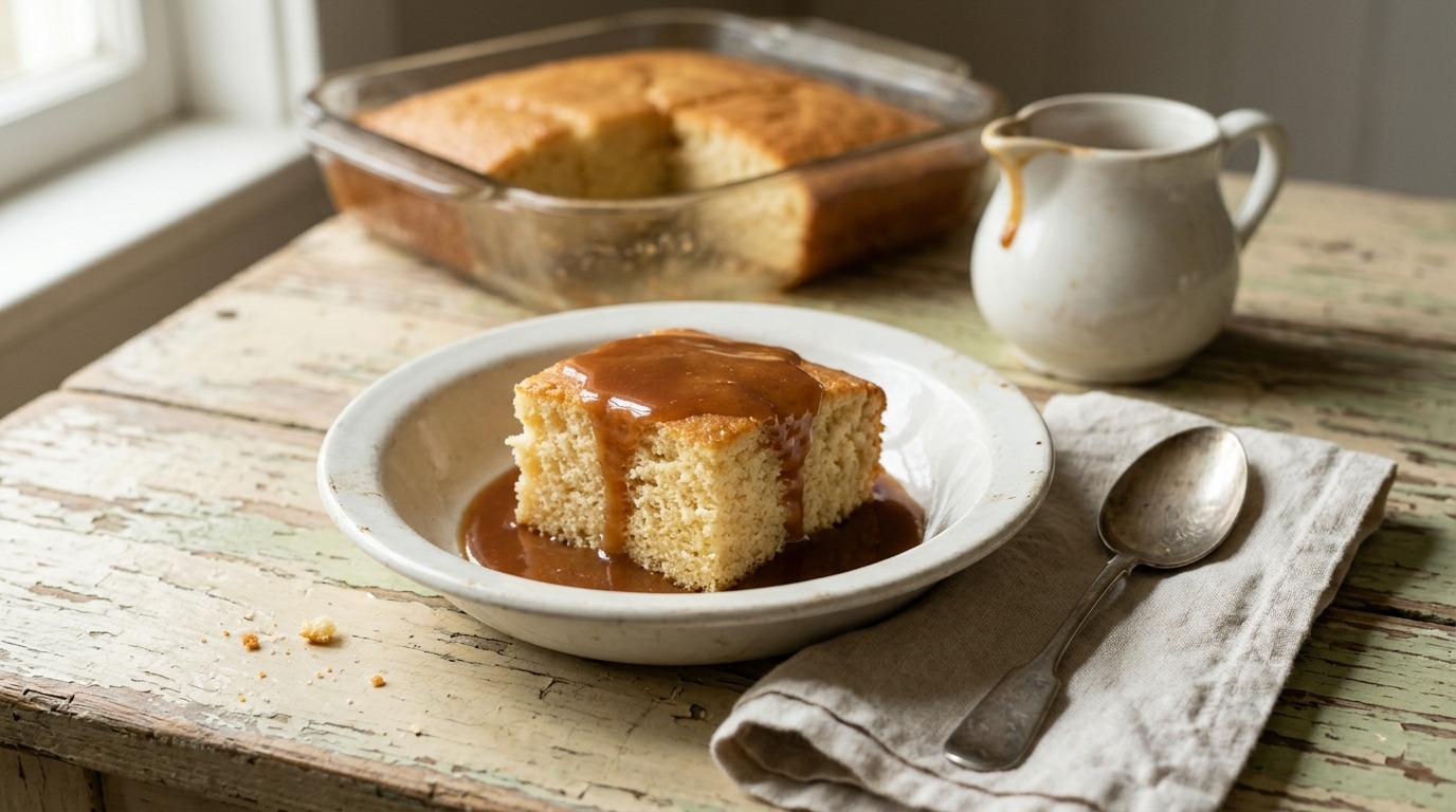 Square of cottage pudding cake with warm brown sugar sauce in a white bowl