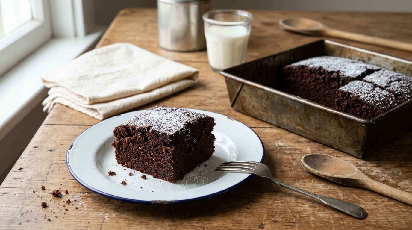 Square of dark chocolate wacky cake dusted with powdered sugar on an old enamel plate