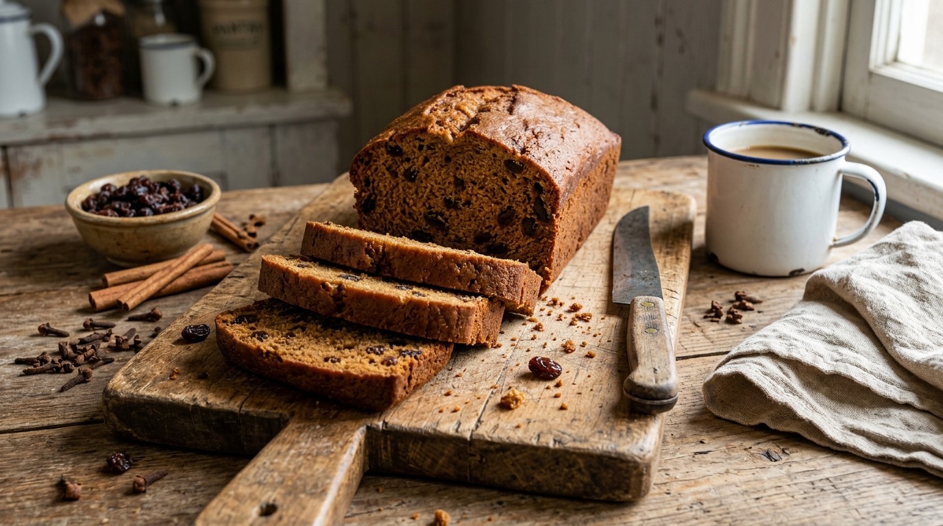 Loaf of poor man's raisin spice cake, a depression era dessert, sliced on a wooden board