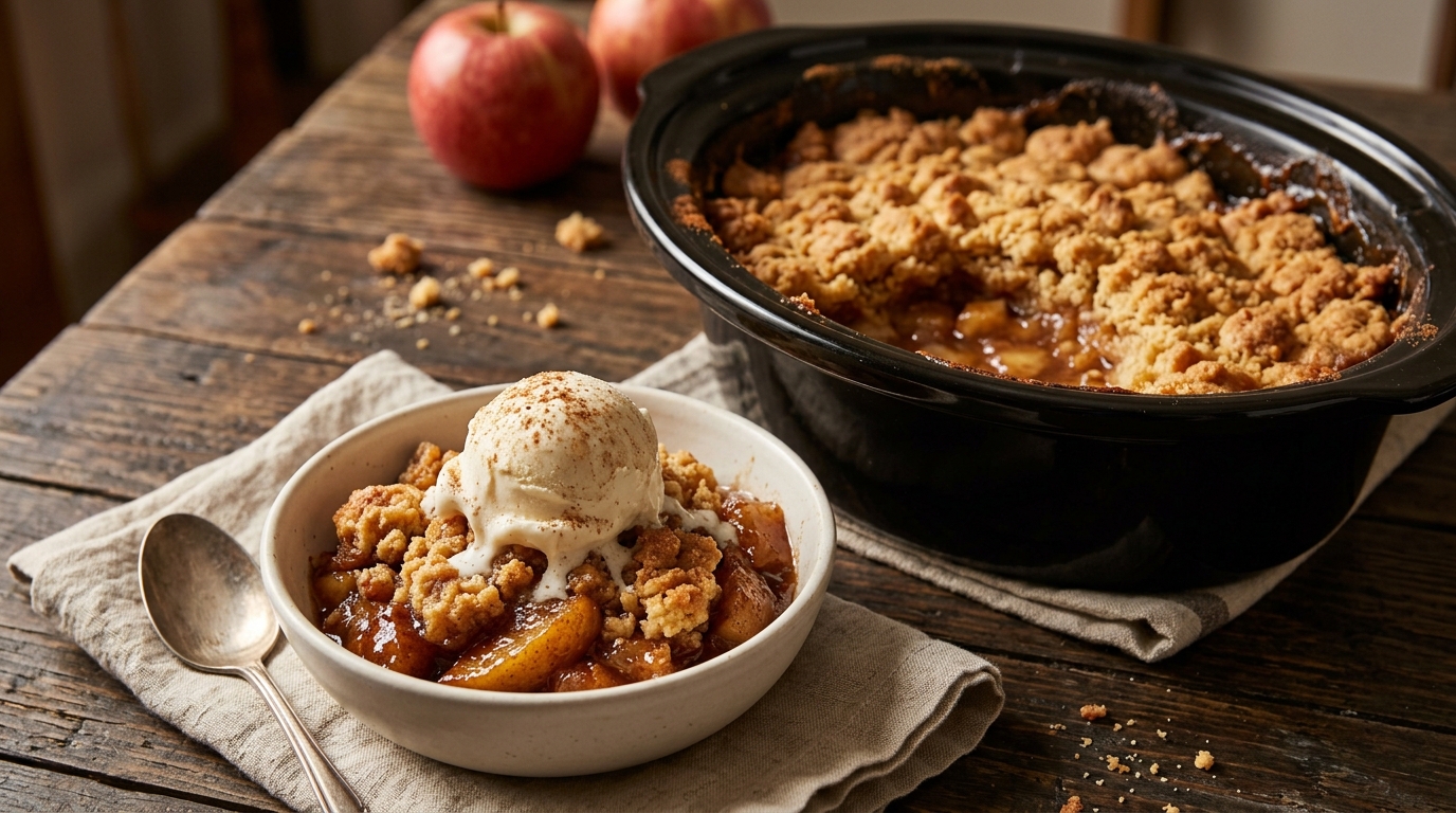 Apple dump cake with vanilla ice cream