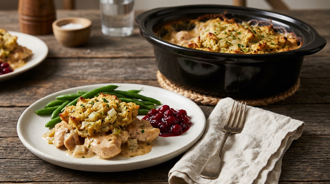Chicken and stuffing with green beans and cranberry sauce