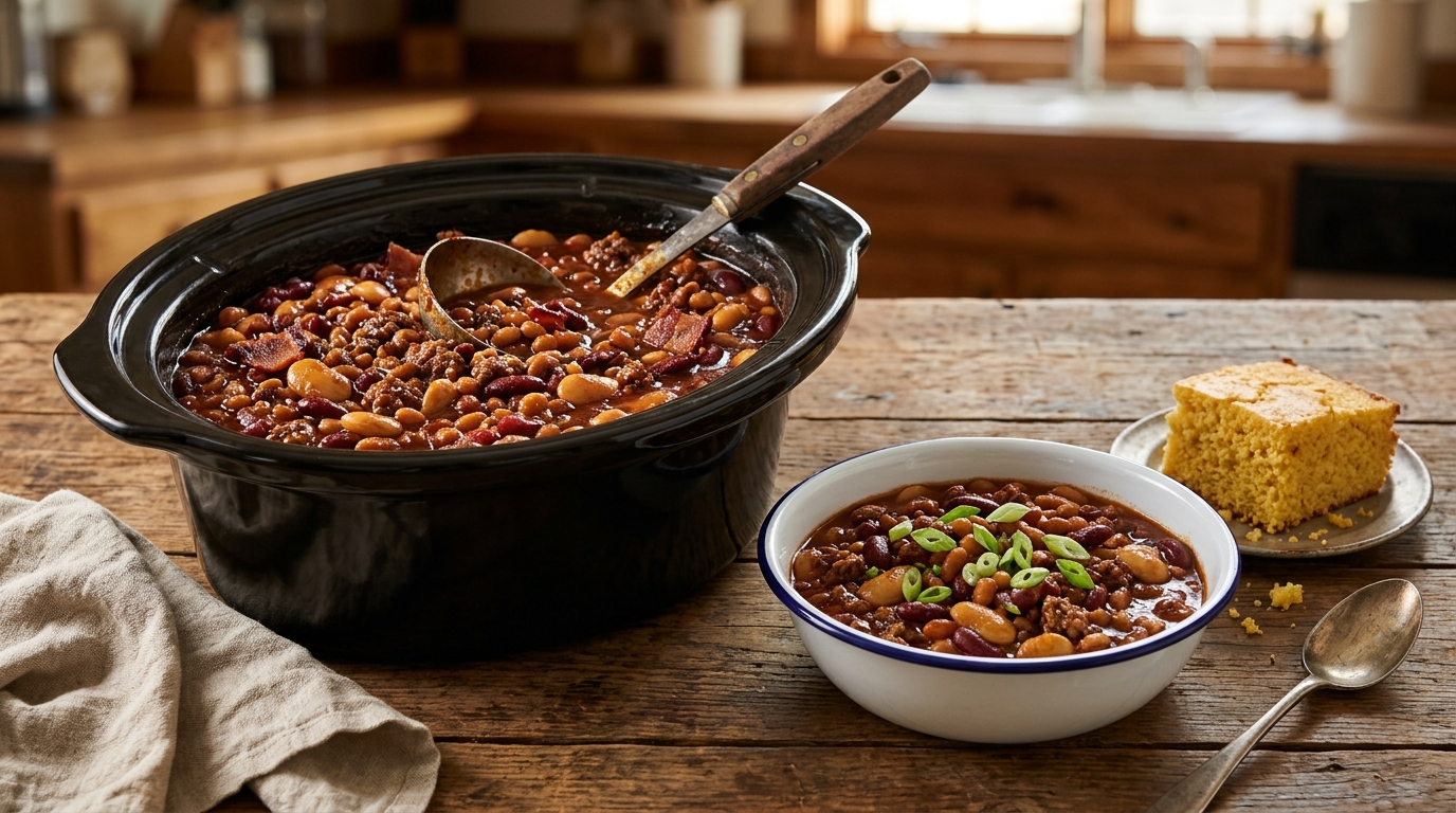 Cowboy beans with ground beef in a slow cooker and a bowl with cornbread