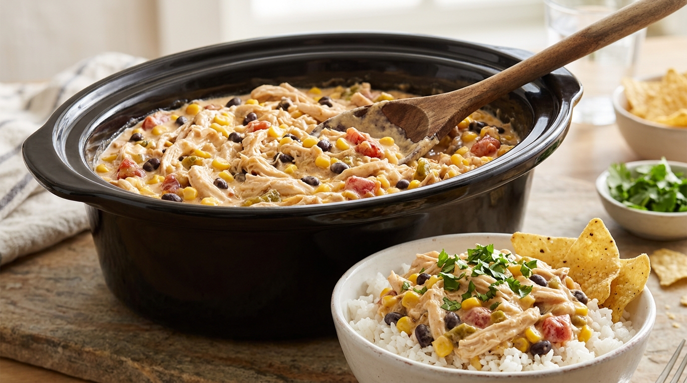 Slow cooker cream cheese chicken with corn and black beans over rice