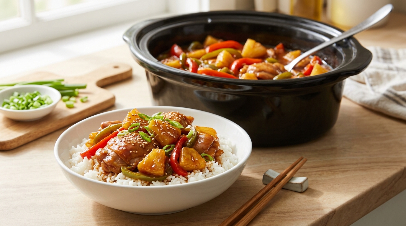 Hawaiian chicken with pineapple and peppers over rice