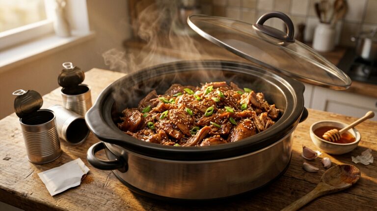 Slow cooker dump dinners honey garlic chicken with the lid lifted