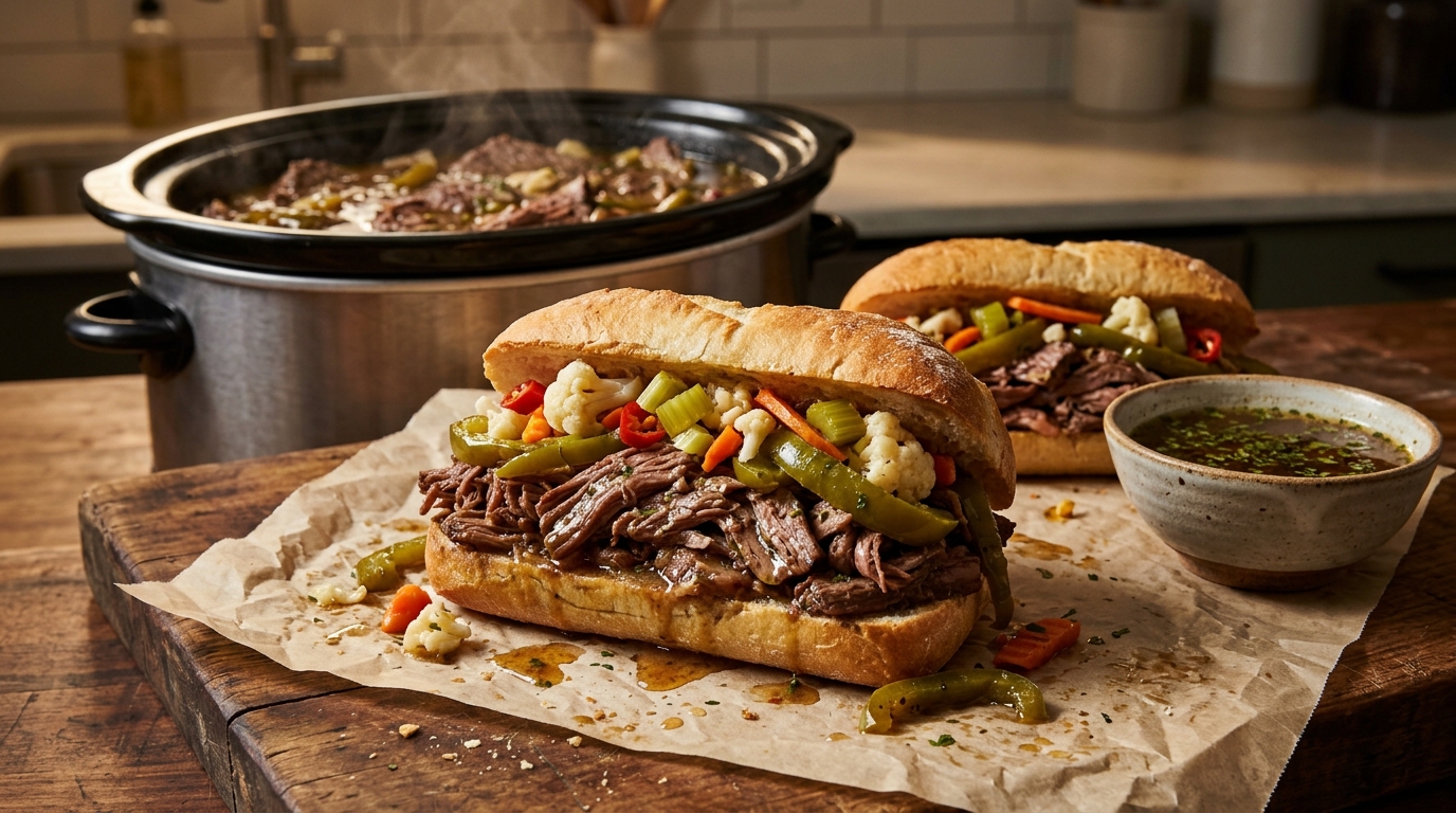 Italian beef sandwich with giardiniera and peppers