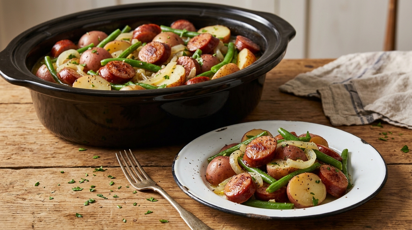 Slow cooker dump dinners kielbasa with red potatoes and green beans