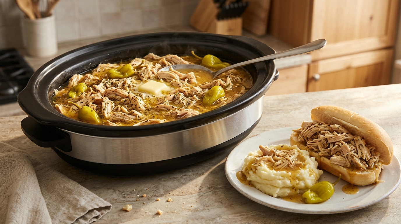 Mississippi chicken with pepperoncini over mashed potatoes