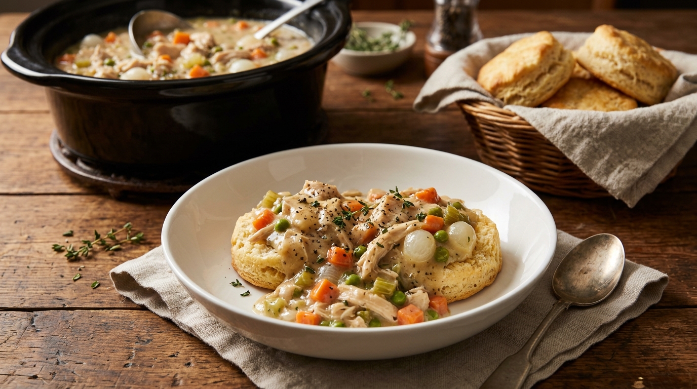 Chicken pot pie filling over buttermilk biscuits
