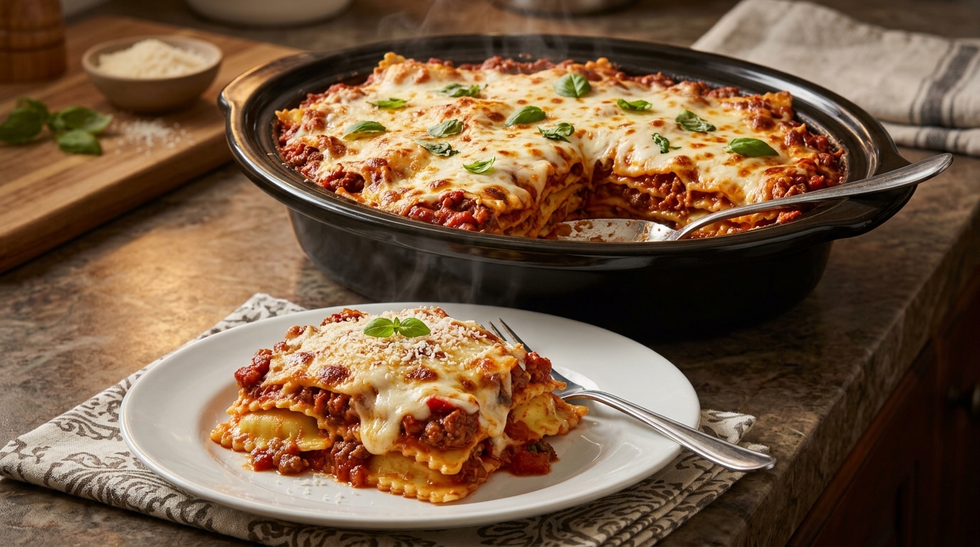 Ravioli lasagna with melted mozzarella and basil