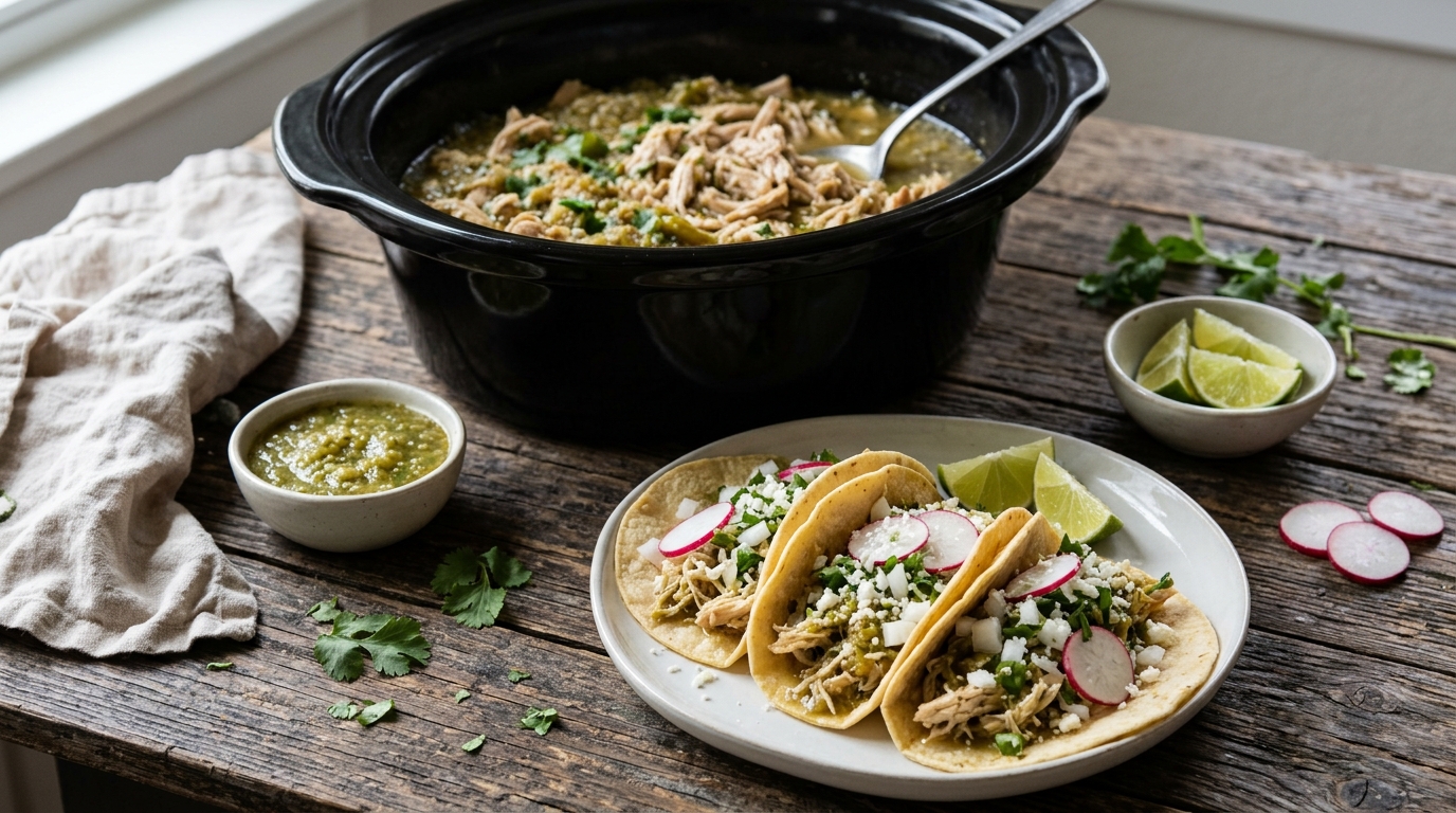 Salsa verde chicken tacos with cilantro, onion and cotija