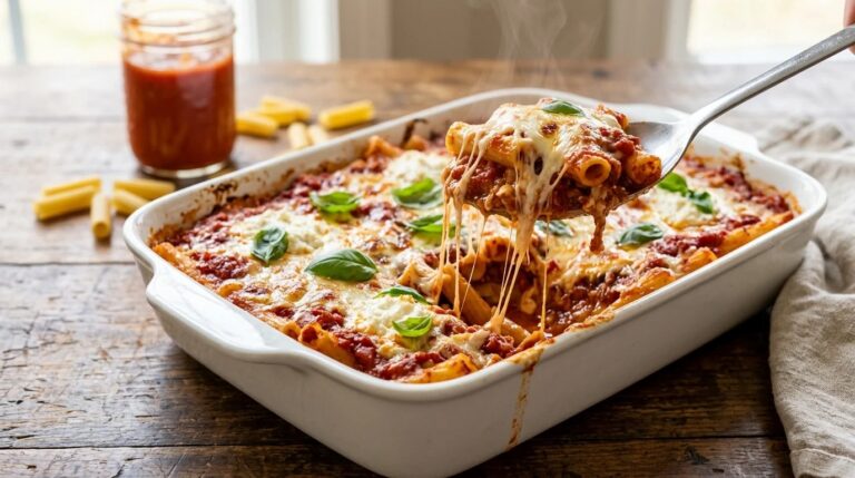 Spoon lifting cheesy no-boil baked ziti with melted mozzarella and basil from a white 9x13 dish
