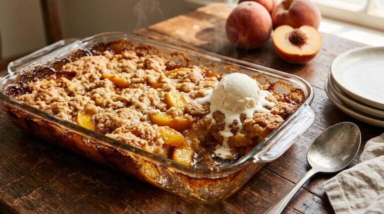 Peach cobbler dump cake with a golden crumb top and melting vanilla ice cream in a glass dish