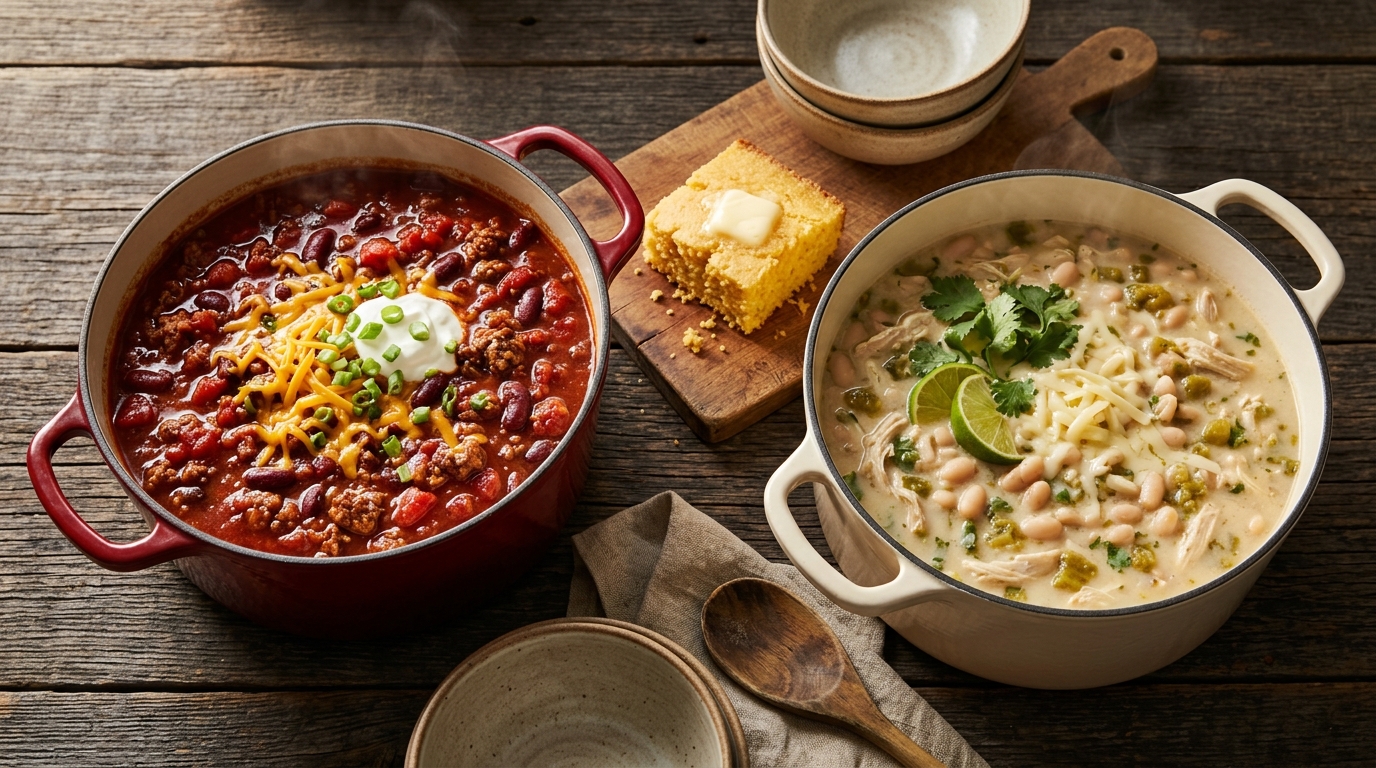 Easy chili recipes classic red beef chili next to creamy white chicken chili with cornbread
