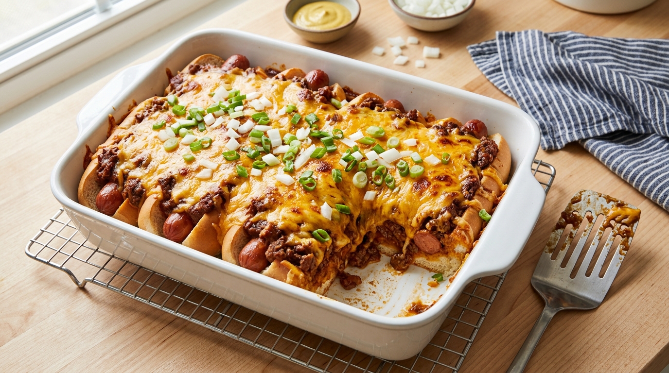 Chili dog casserole topped with melted cheddar and onions in a baking dish