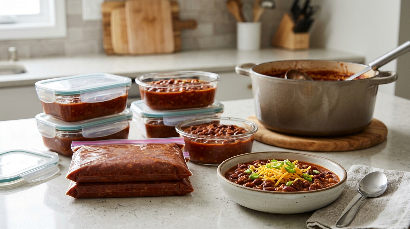 Chili portioned in glass containers and flat freezer bags for later