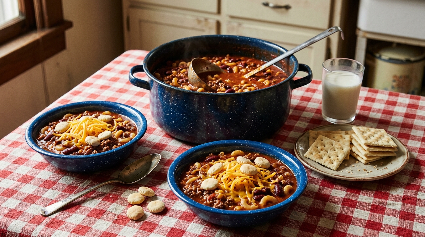 Easy chili recipes Hoosier chili with macaroni in blue enamel bowls
