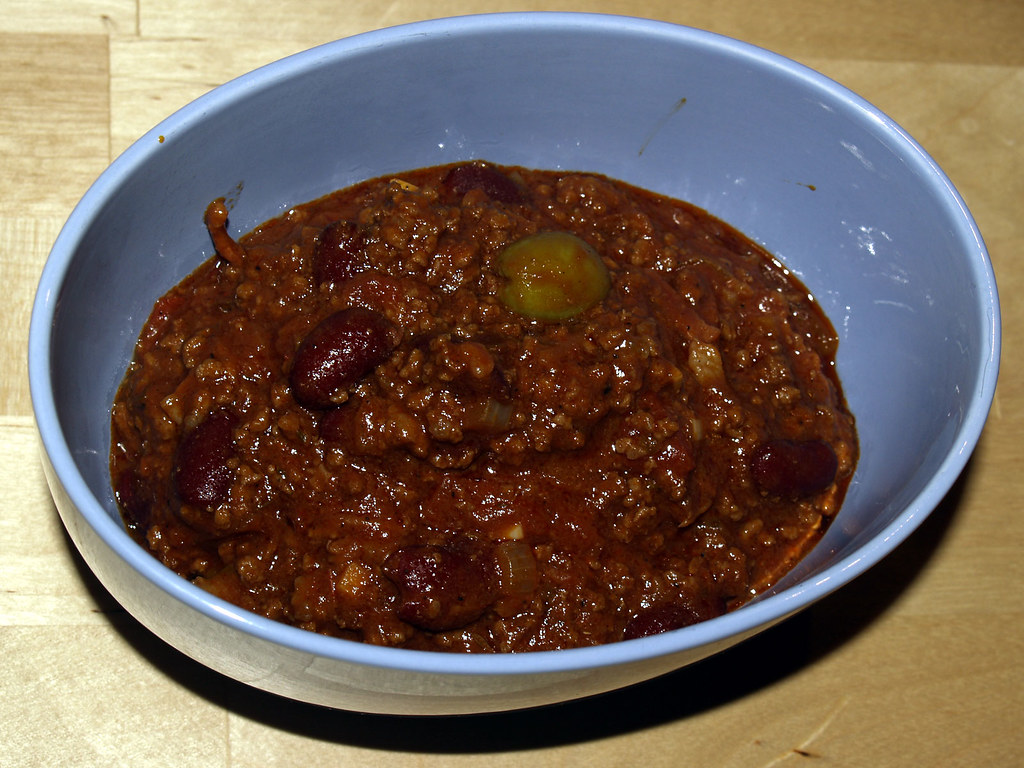Bowl of quick pressure cooker beef and bean chili