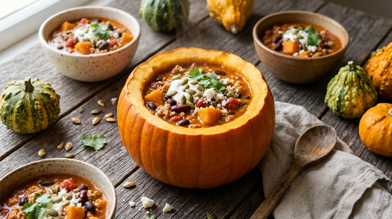 Pumpkin chili with turkey and black beans served inside a small pumpkin