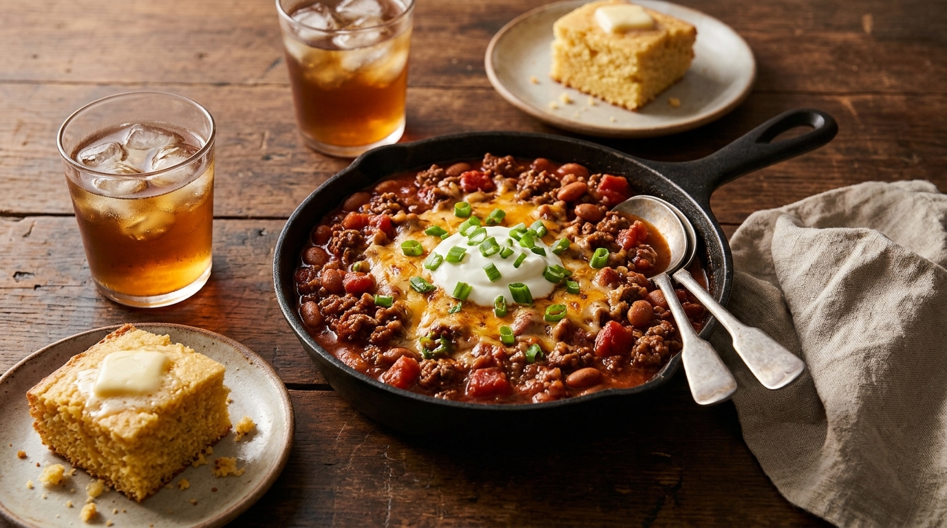 Small cast iron skillet of beef chili topped with cheese for two
