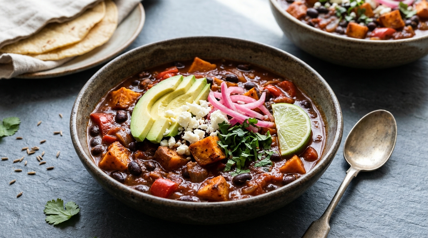 Easy chili recipes black bean and sweet potato chili topped with avocado