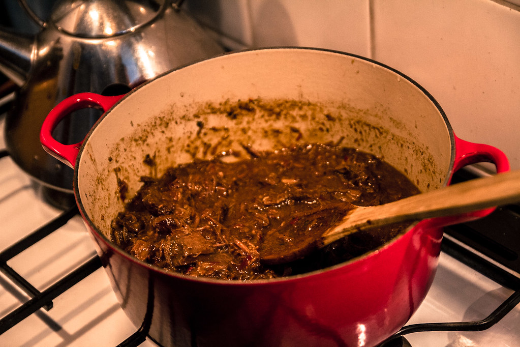 Pot of Texas style beanless chili with chunks of beef