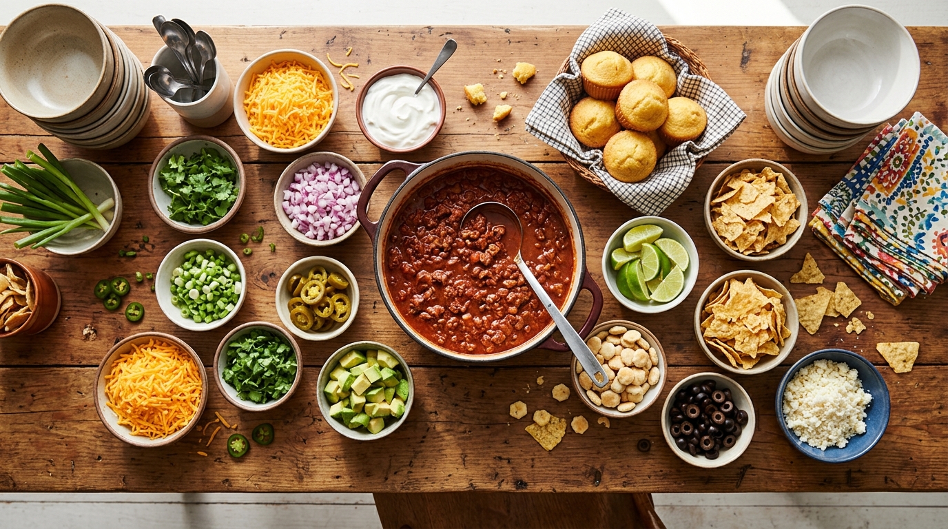 Easy chili recipes toppings bar with cheese onions jalapenos and cornbread