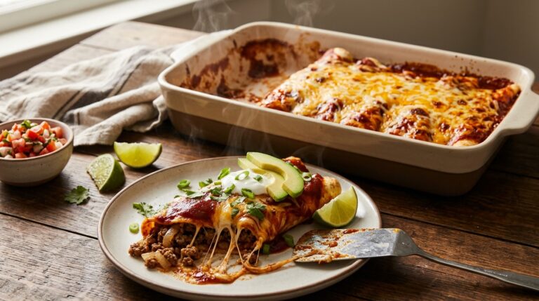 Cheesy beef enchilada recipe baked in a dish with one enchilada served on a plate