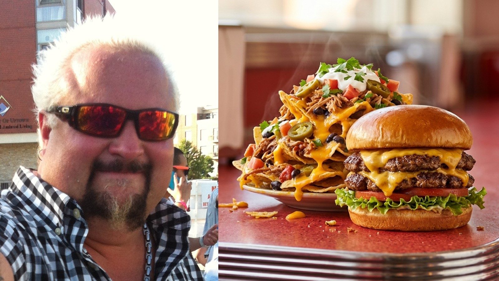 Guy Fieri recipes inspired cheeseburger and loaded nachos on a retro diner counter