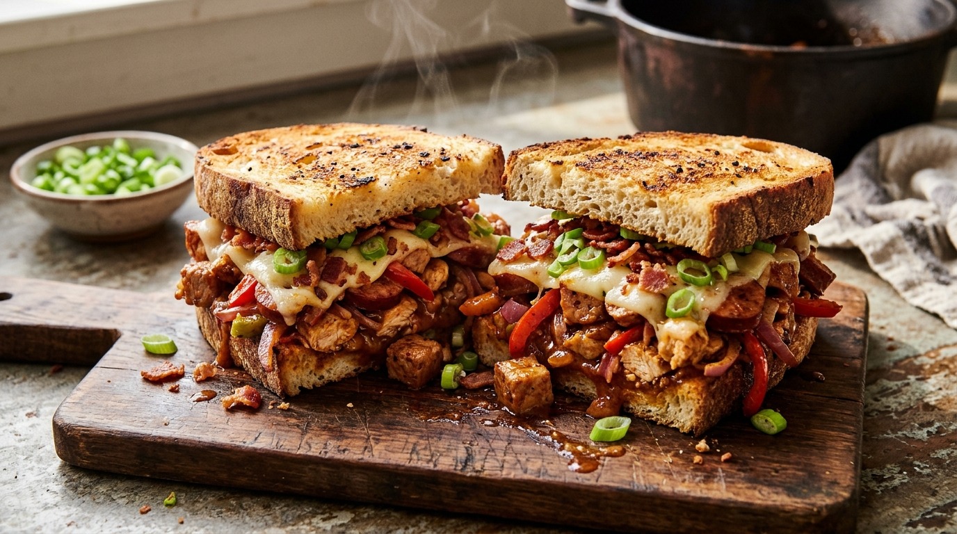 Jambalaya sandwich from Guy Fieri recipes on toasted sourdough