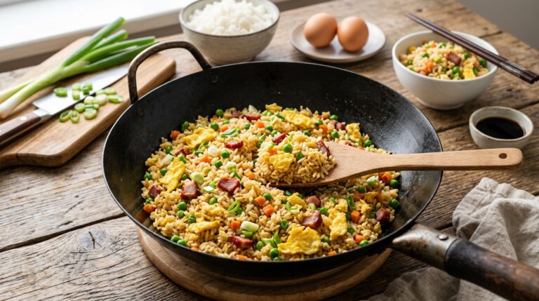 Fried rice recipes start with day-old rice tossed in a wok with egg, peas and carrots