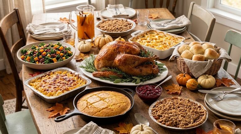 Friendsgiving potluck table with roast turkey, mac and cheese, salad, rolls and cornbread