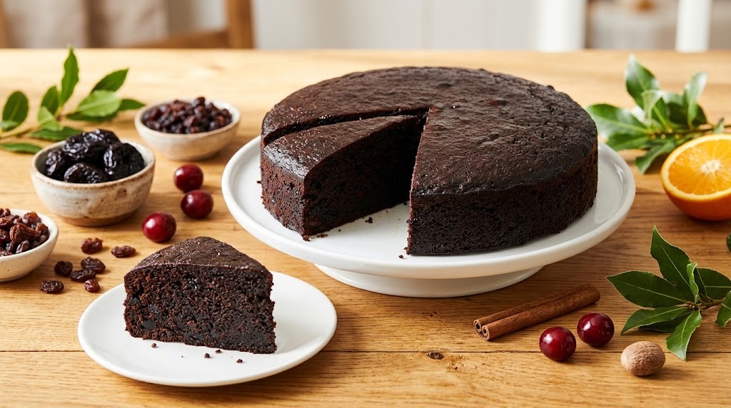 Jamaican black cake with a wedge cut out on a white plate