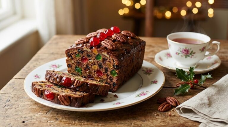 Sliced dark fruitcake with candied cherries and pecans beside a cup of tea, one of the best fruitcake recipes