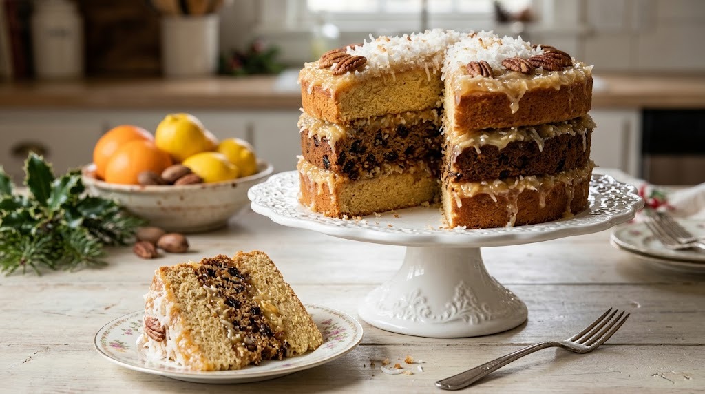 Southern Japanese fruitcake layer cake with coconut citrus filling and pecans