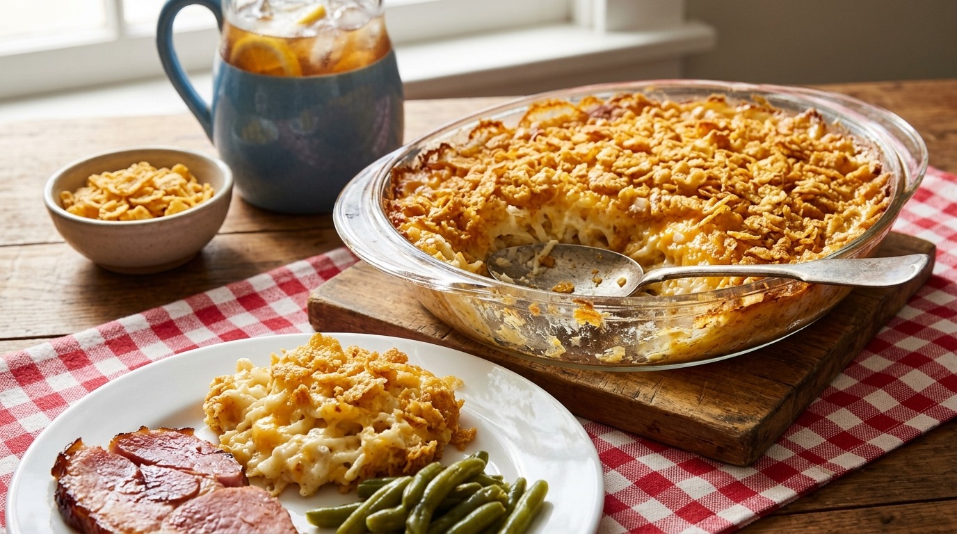 Glass casserole dish of creamy cheesy potatoes with a golden corn flake topping and a serving on a plate