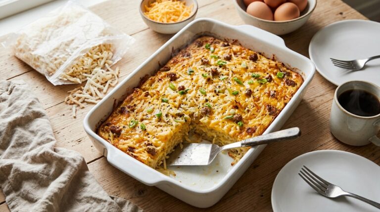 Cheesy frozen hash brown breakfast casserole in a white baking dish next to an open bag of shredded potatoes