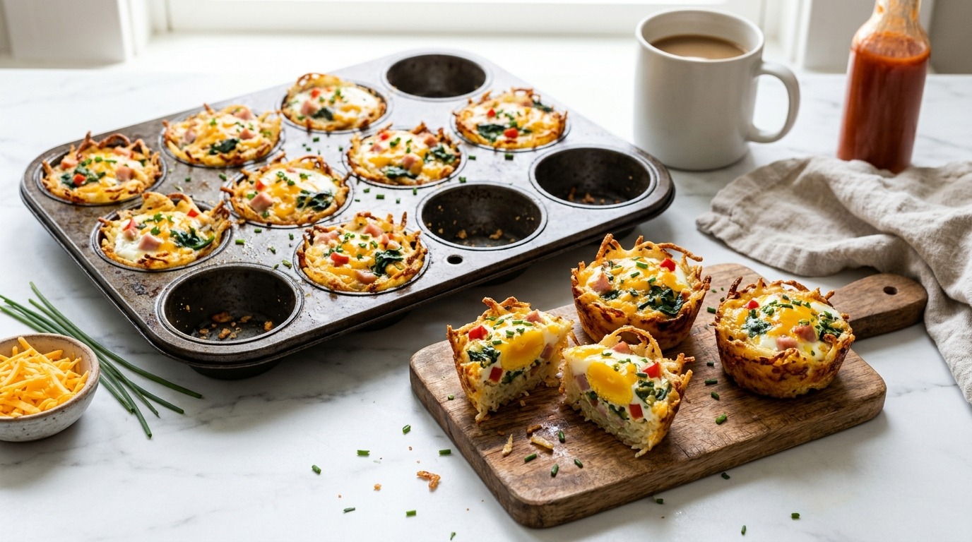 Muffin tin of hash brown egg cups filled with baked egg, ham and spinach