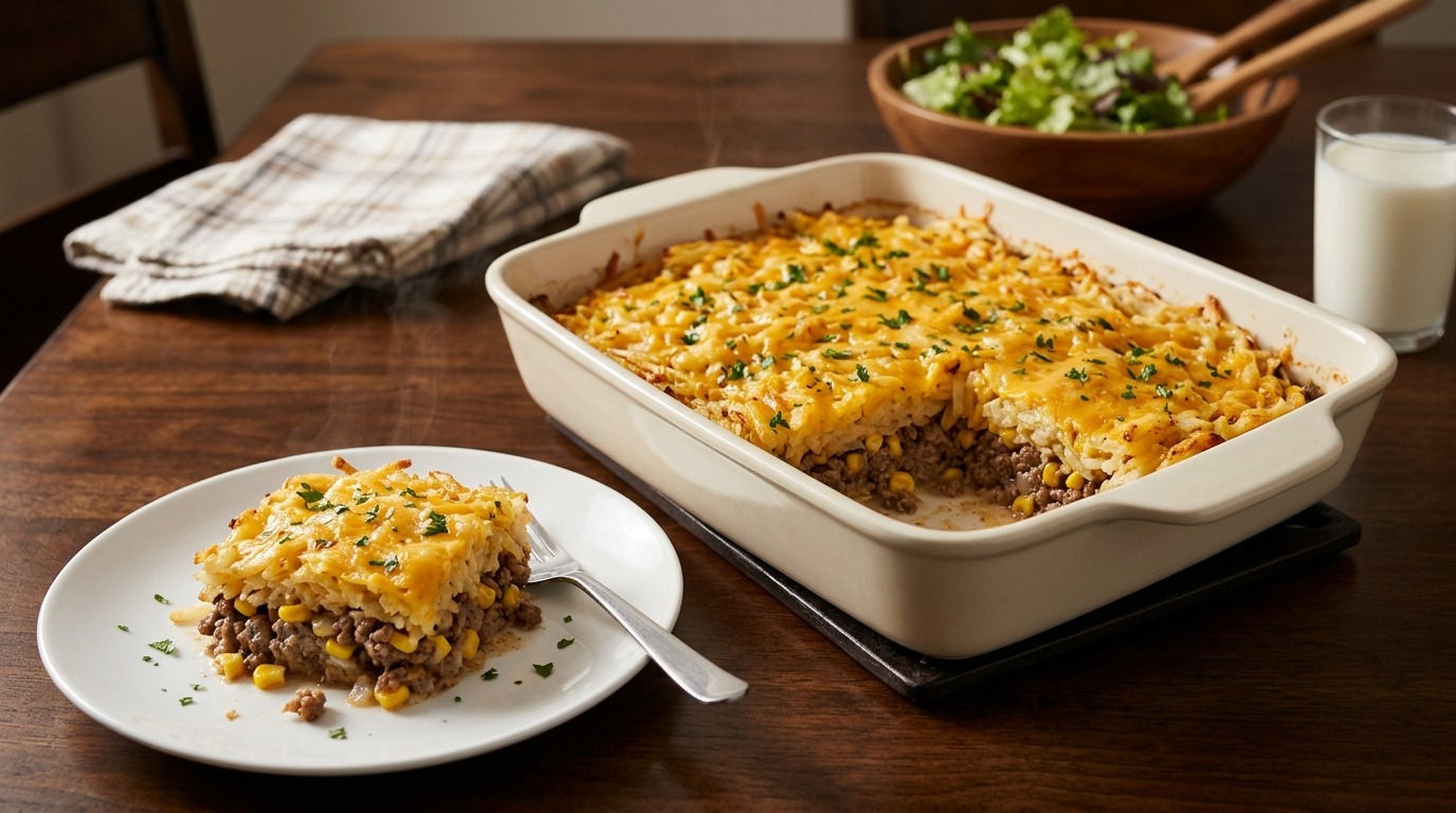 Ground beef and hash brown casserole topped with crispy potatoes and melted cheddar, one square served on a plate