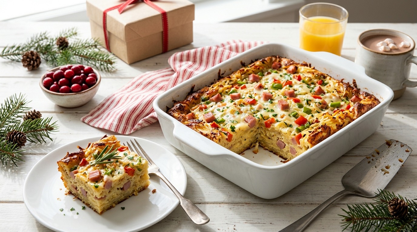 Festive egg and diced ham casserole with shredded potatoes, peppers and parsley in a baking dish